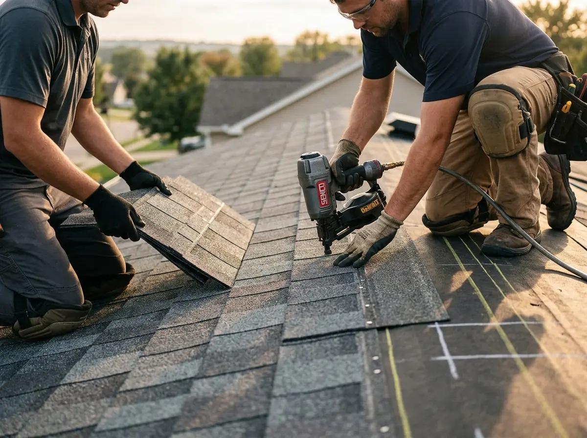 Professional roofer working on a residential roof in New Milford
